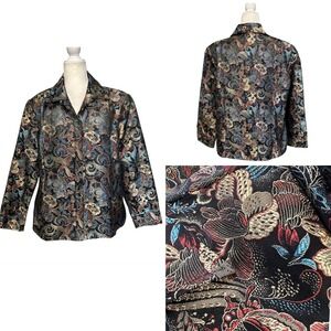 Womens 1X Brocade Baroque Zip Front Jacket Floral Metallic Paisley Black Boho
